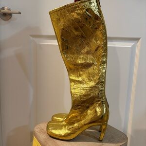 Dries Van Noten Gold Metallic Leather Statement Knee Boots Sz 36.5